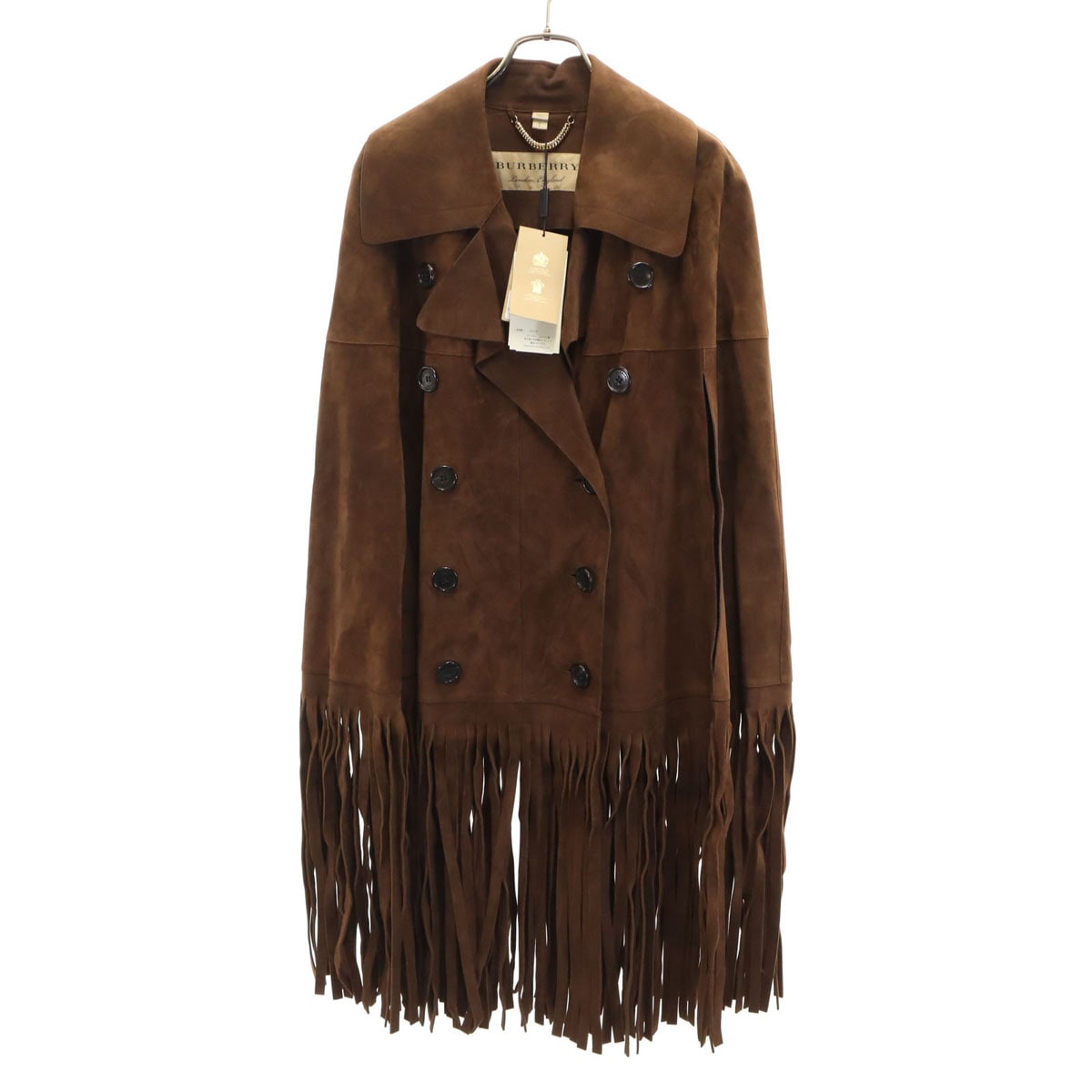 未使用 BURBERRY LONDON ENGLAND バーバリーロンドンイングランド イタリア製 フリンジ スエード コート S ブラウン 収納カバー付き レディース 古着