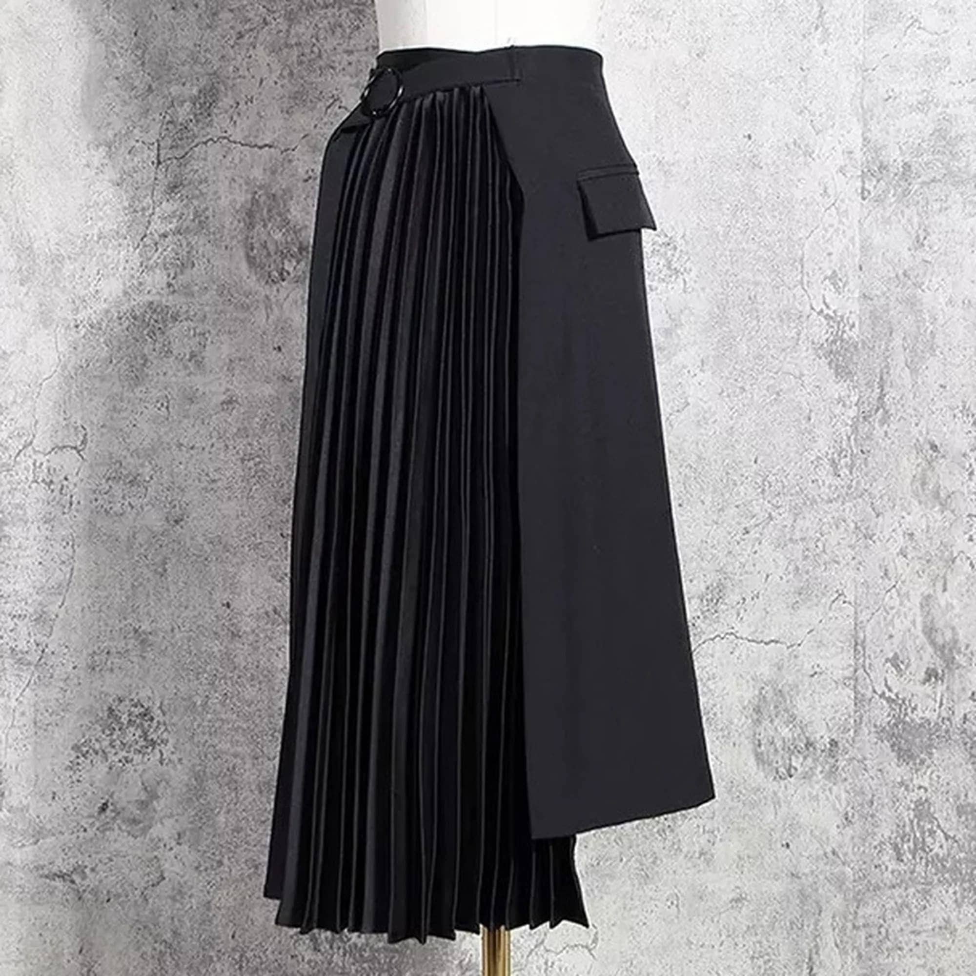 個性 不規則 デザイン プリーツ 巻きスカート 黒 お洒落 個性的なスカート