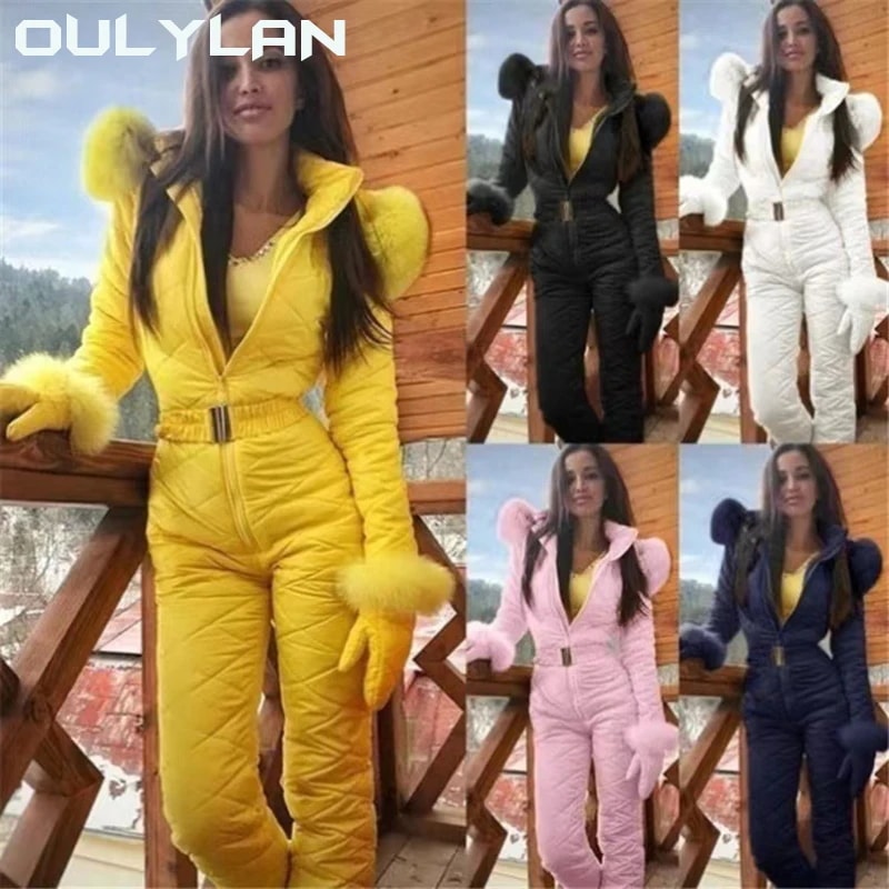 Oulylan-女性用ワンピーススキージャンプスーツ厚手暖かいスノーボードスキースーツアウトドアスポーツジッパーパンツセット冬
