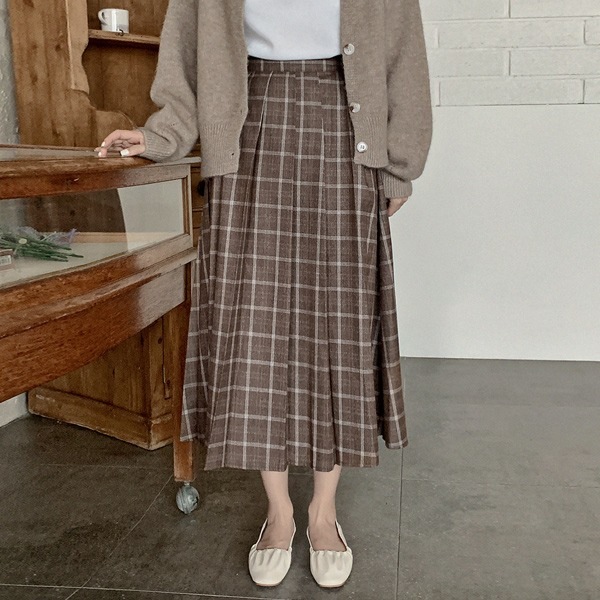 タータンチェックバックゴムプリーツロングスカート