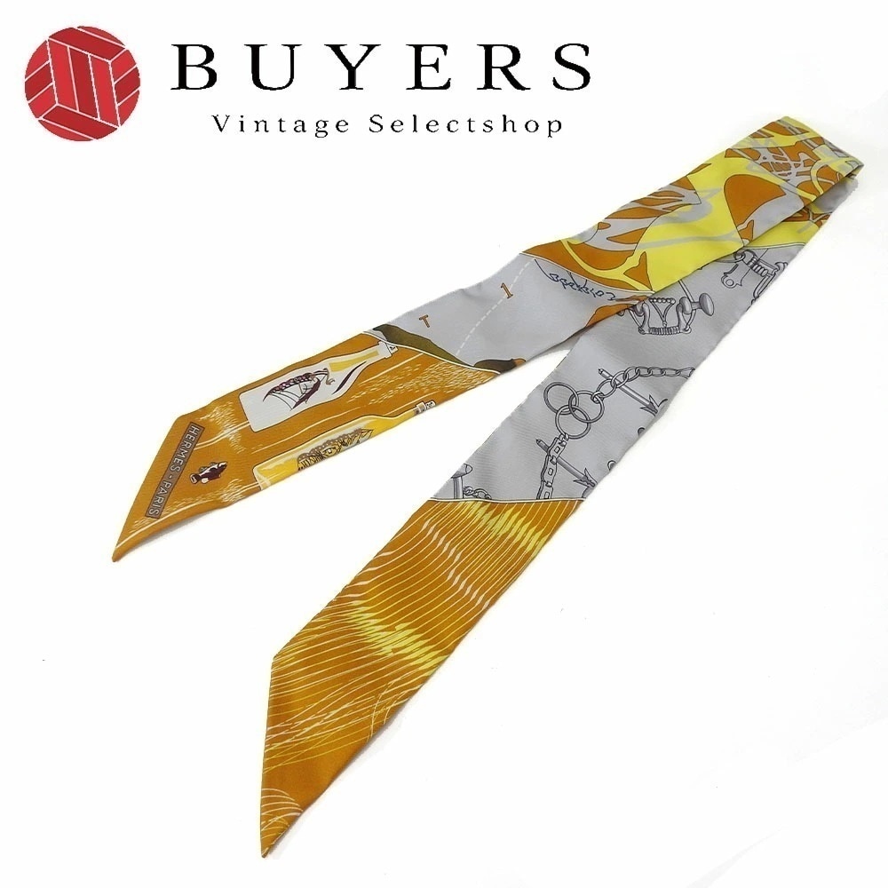 中古 極美品 エルメス ツイリー スカーフ シルク100％ ハミとボトル オレンジ グレー イエロー 小物 アパレル アクセサリー オシャレ レディース 女性 HERMES Twille scarf