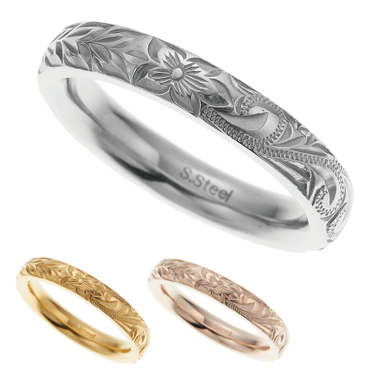 リング レディース メンズ サージカルステンレス ハワイアンジュエリー 甲丸 プルメリア 指輪