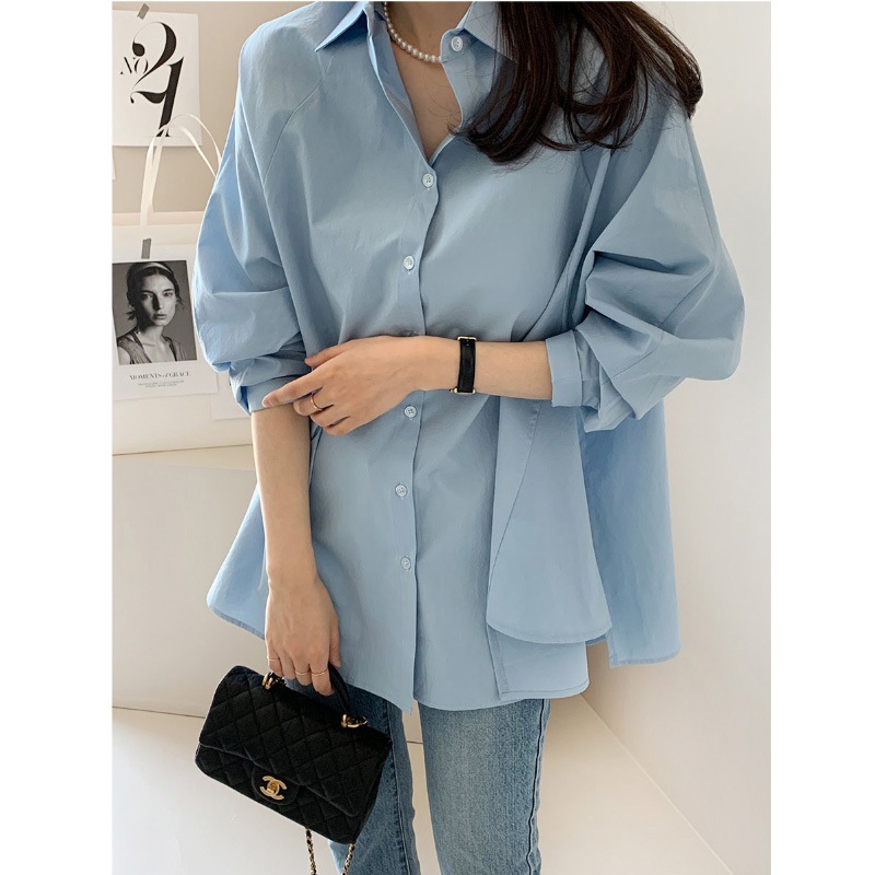 【1つ買うと10つ無料】秋の塩スタイルのゆるい固形色の長袖シャツ女性人スタイル