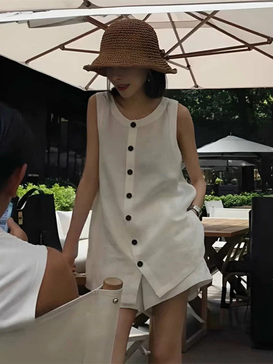 【キャンペーン特典】お見逃しなくレディース スーツ ショート ノースリーブ ラウンドネック セパレート ボタン きれいめ 上品 おしゃれ かっこいい レトロ 無地 格子柄 デート お出かけ リゾート