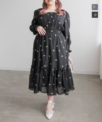 大きいサイズ レディース LL 3L 4L XL XXL XXXL CLETTEオリジナル花柄刺繍シャーリングワンピース