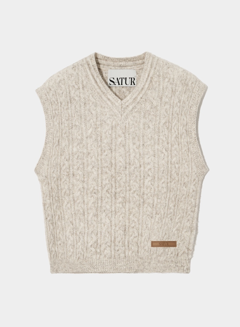 【SATUR】 MELANGE HAIRY CABLE V-NECK VEST : WARM IVORY