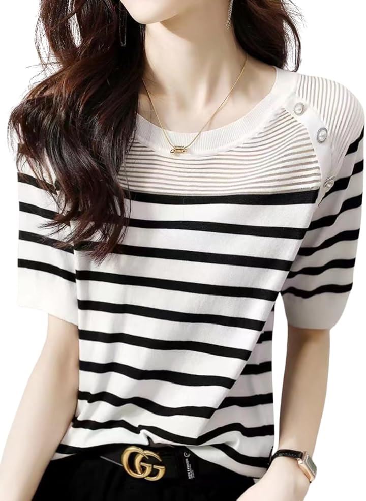 シアーニット 半袖 ボーダー きれいめ レディース 夏 トップス ボーダーニット 薄手 シースルー バイカラー(ホワイト, L) 4,714円