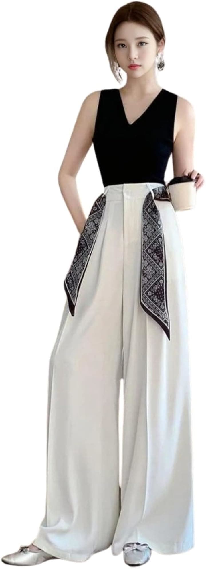 ブルーベリル ワイドシルエットパンツ レディース スカーフベルト付き ハイウエスト ドレープ スタイリッシュ 無地 デイリー BB089-WH-2XL(ホワイト, 2XL)