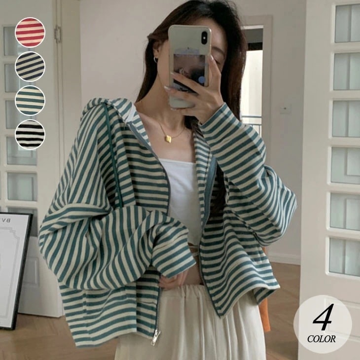 【2025新作 急速出荷】スウェット カーディガン レディース 春 秋 羽織り ボーダー柄 韓国 薄手 ライトアウター カジュアル トップス フード付き パーカー スウェットパーカー パーカーカーディ