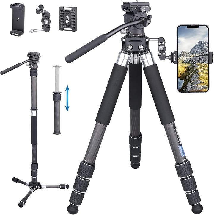 コンパクト カーボン トラベル三脚 フルードビデオ雲台付き 一脚可変 卓上三脚スタンド多功能カーボンファイバー三脚 最大高さ184.5cm 軽量( カーボン三脚＆フルードビデオ雲台)