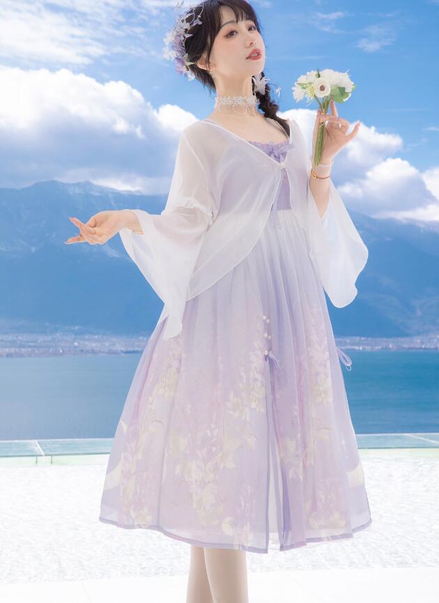 改良版漢服 漢風ドレス ロリータ服 中華風ドレス シフォン 羽織 ボレロ 古風 キャミソール 桜柄 さくら 可愛い 個性 撮影衣装 漢風 コスプレ パープル 単品セット選択可