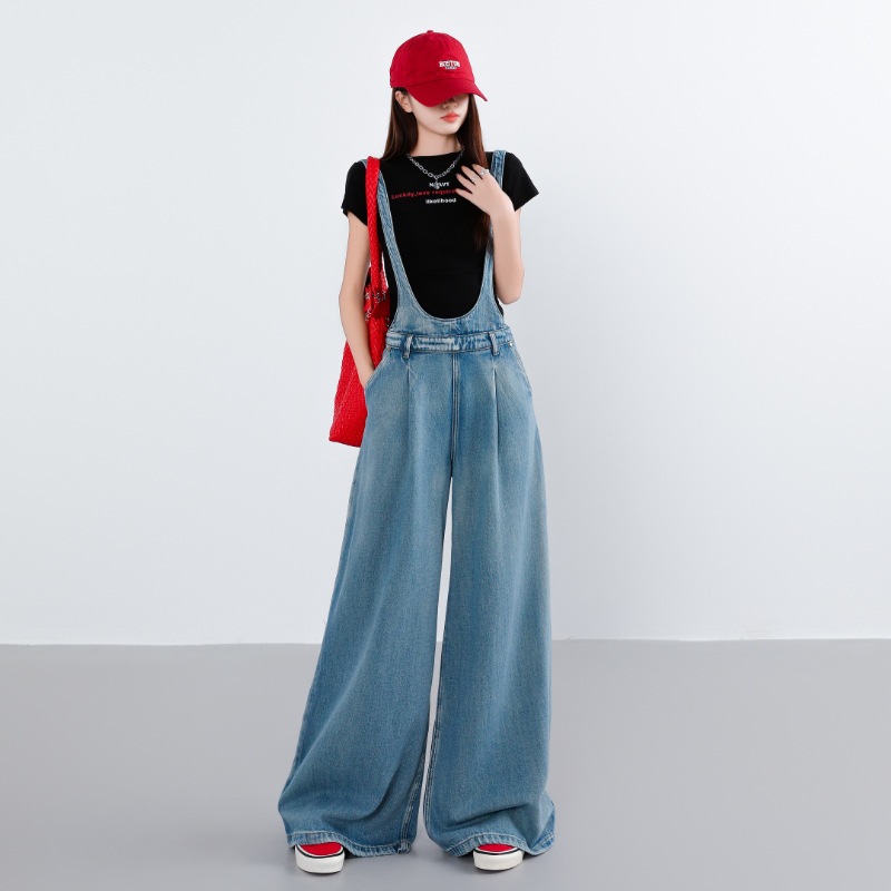 明海齢軽減サスペンダージーンズ女性用ゆったりカジュアル着痩せ床丈ストレートワイドレッグパンツ