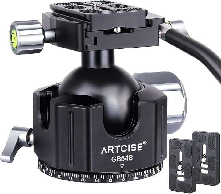 54mm 低重心 ハンドル ボール雲台 CNC精密加工 アルミ 三脚ヘッド 360度回転 パノラマ 自由ビデオ雲台 二つの予備アルカスイス クイックシュー付き 一眼レフ DSLR カメラ用