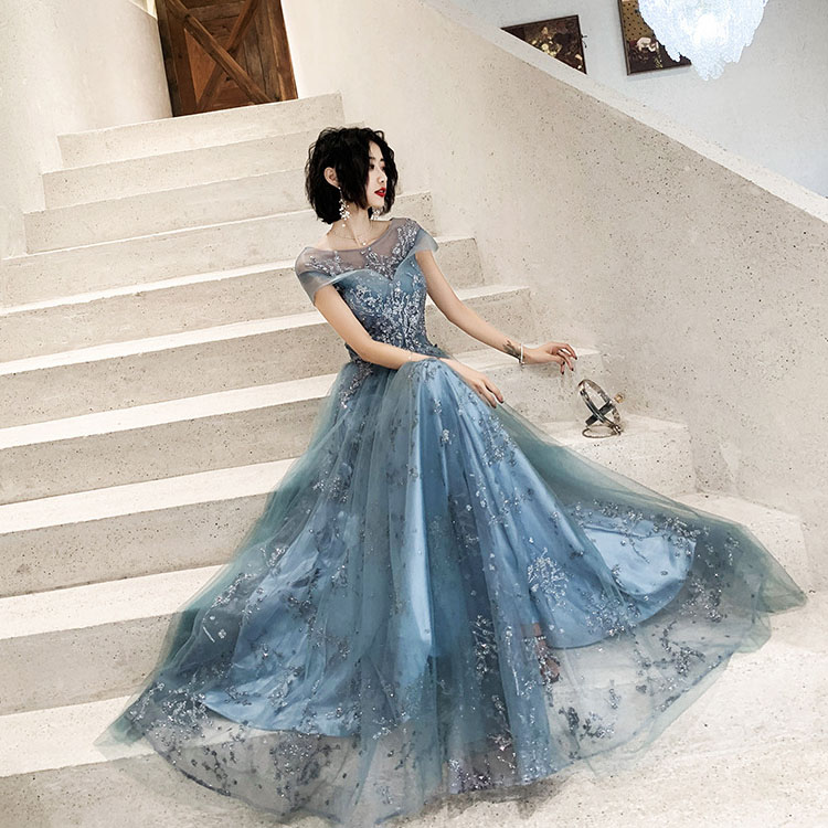 イブニングドレス ブルー シャンパンゴールド ロングドレス 発表会ドレス スパンコール キラキラドレス ロング パーティードレス 結婚式ドレス 二次会ドレス Aライン XS S M L XL XXL