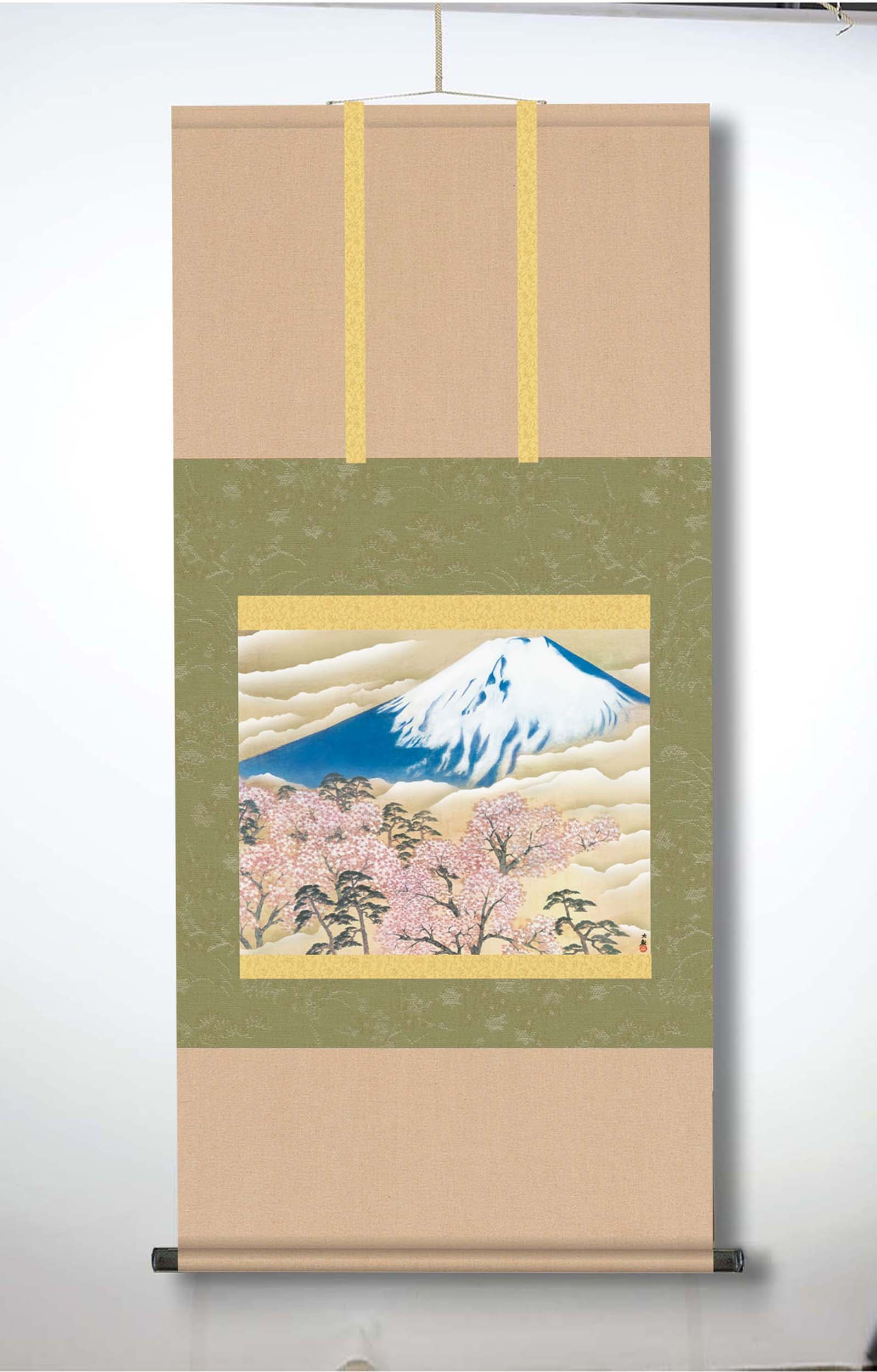 横山大観　霊峰富士掛軸(尺五)　冨士に桜図