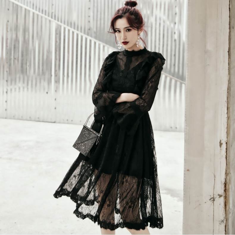 SNSで話題パーティードレス ミモレ丈 膝丈 個性的 袖あり 黒 総レース ワンピース ドレス レトロ ガーリー かわいい クラシカル 長袖 ゴスロリ 結婚式 二次会 お呼ばれ ドレス フォーマル 演