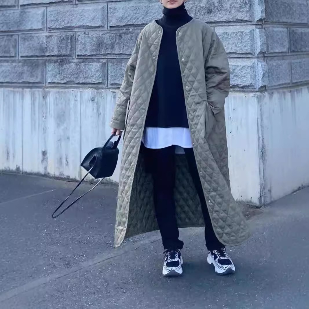 キルティングコート ダウンコート ロングコート ノーカラー 長袖アウター 中綿コート アウター 防寒 防風 30代40代50代 ポケット 秋冬コート 厚手 コート 大人