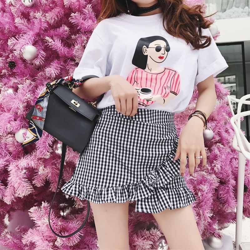 3025.チェック柄 ワイルドミニスカート（ブラック）