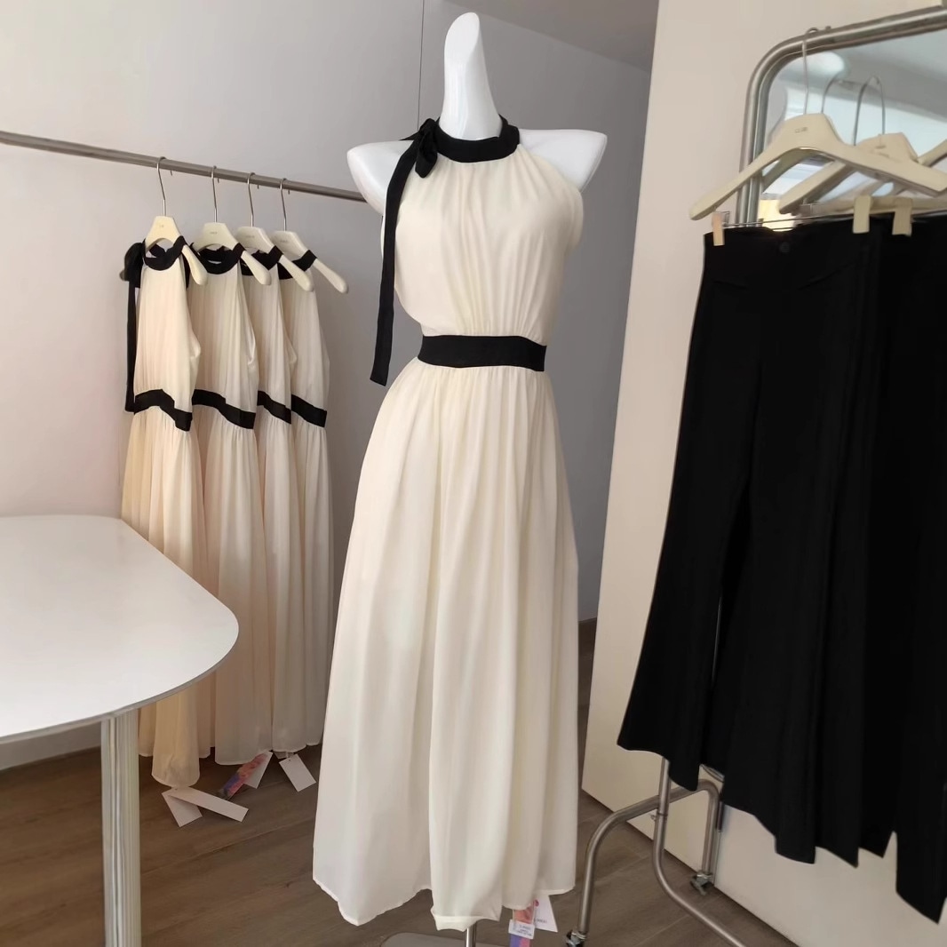 【急速出荷】フレンチリボンリボン肩出し首かけ海辺リゾート仙女スカートロングスカート