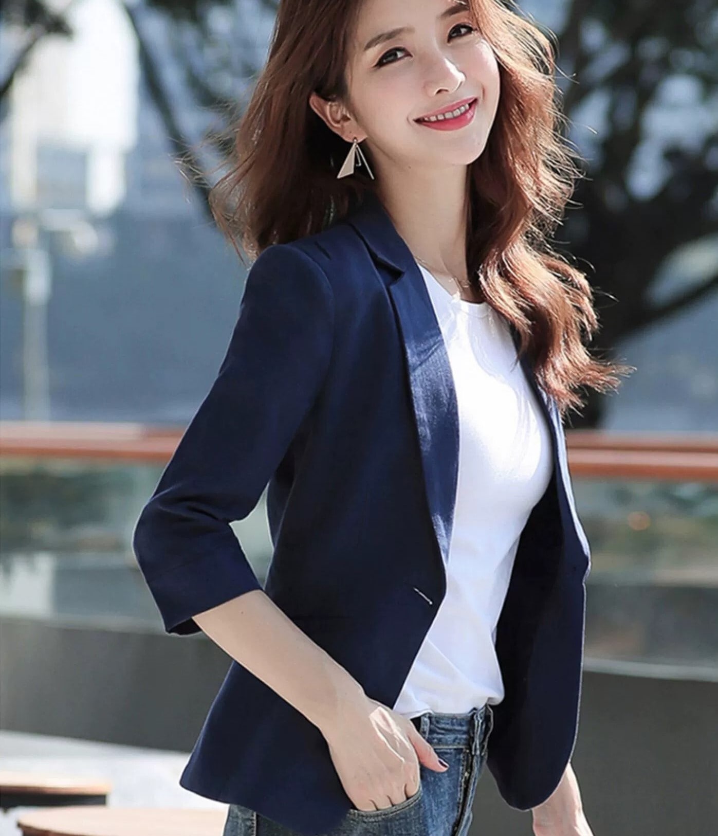 アウター ジャケット 上着 スーツ ブレザー カジュアルスーツ デニムワンピース 袖あり 7分袖 Vネック 襟付き スリム タイト 細身 スリムフィット ウエストマーク 綿 リネン 薄手 きれいめ