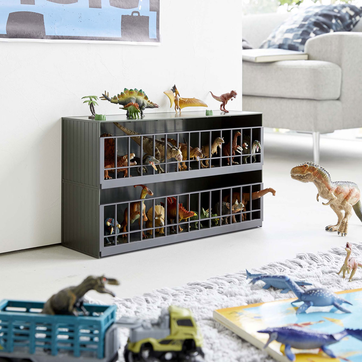 おもちゃ収納アイデア 山崎実業 TOWER タワー 恐竜＆アニマル収納ケージ ワイド 2段 サファリグリーン