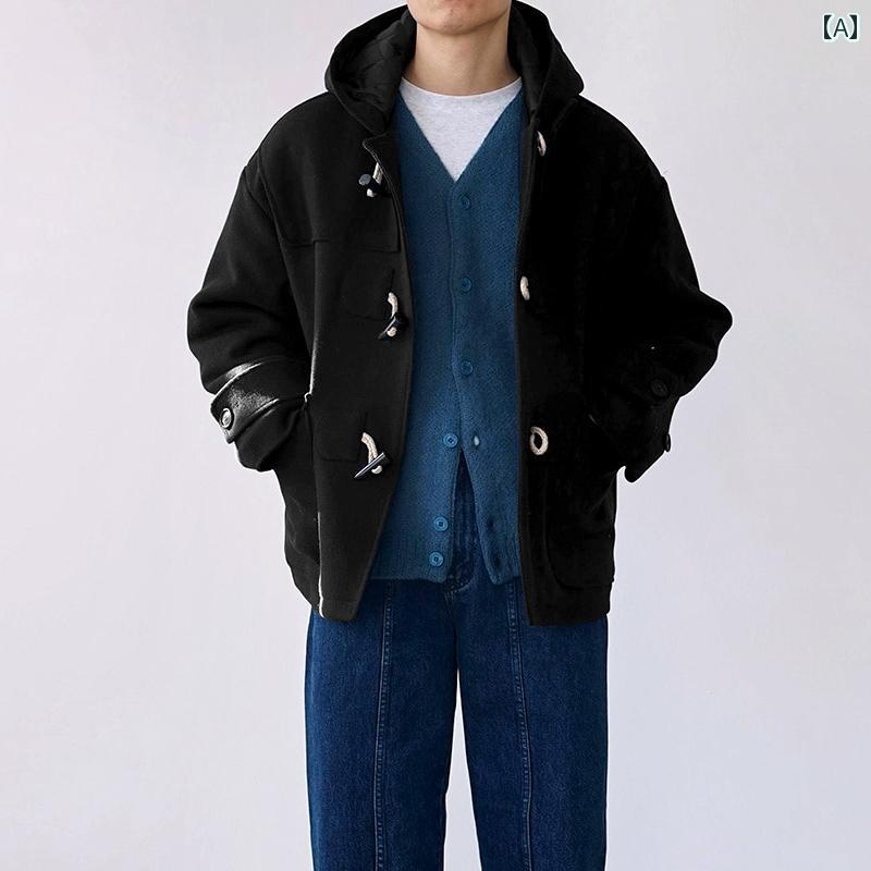 ダッフルコート メンズ アウター カジュアル おしゃれ 大きめサイズ ウール ショート 韓国 秋冬 厚手 フード トグルボタン 黒 カーキ ブルー