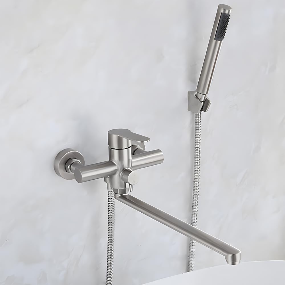 VIGOUROUS バス水栓 浴室水栓 壁付き シャワー付き 304ステンレス製 洗面台 蛇口180回転可 シャワー水栓 浴室 ハンドルシャワー 節水 冷熱水転換 弾力パイプ付き 壁付き 取り付け幅