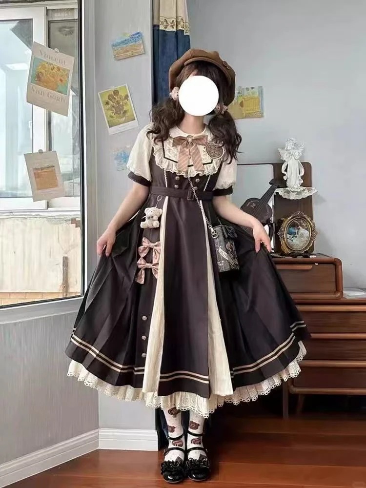 【ni-i-ight】学院風の甘い小柄な蝶結びのA字のワンピースの女性の秋の新型のロリータの王女の蓬の長いスカート