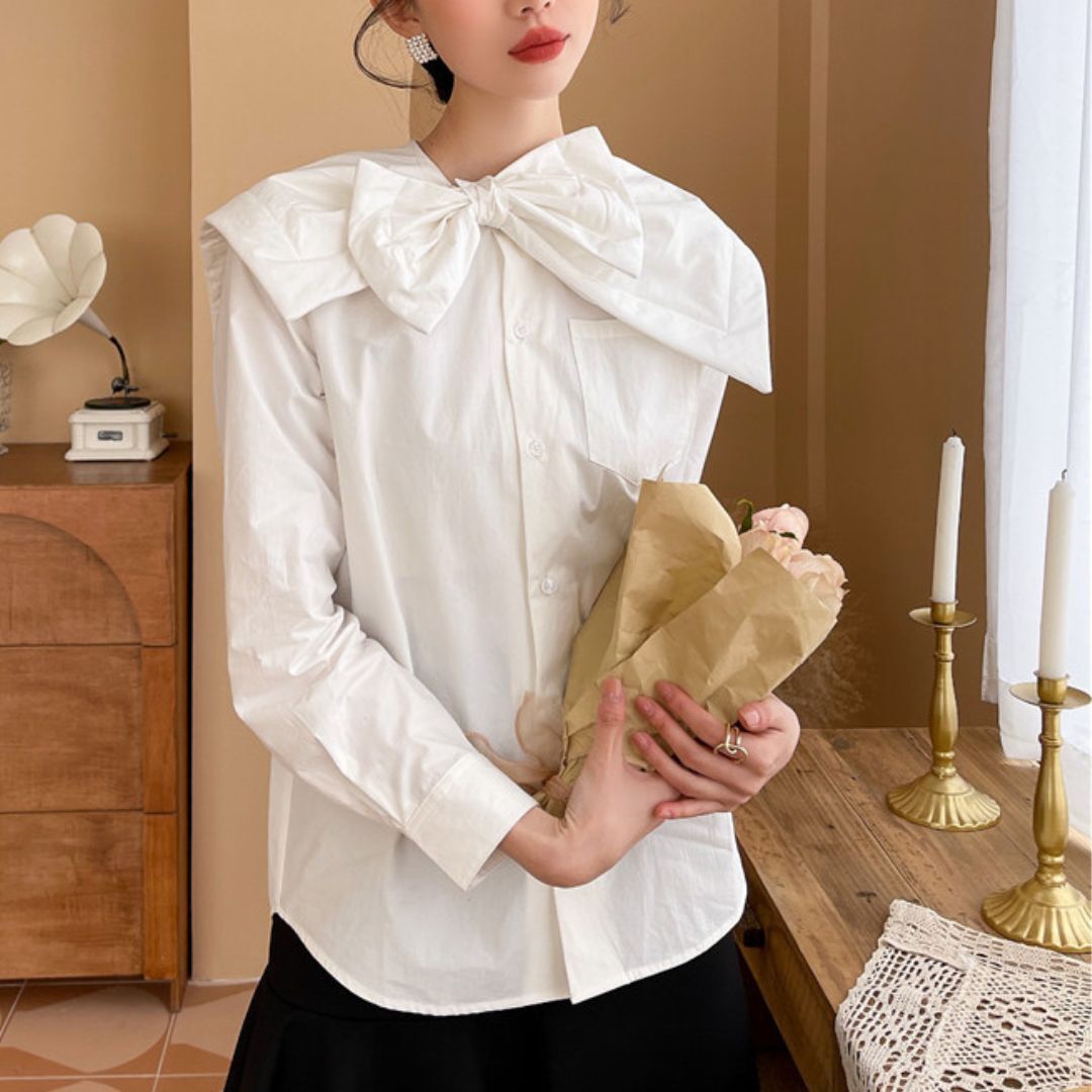 トップス シャツ ブラウス 白シャツ 白トップス 袖あり 長袖 襟付き ストレート 変形デザイン リボン かわいい 大人可愛い きれいめ シンプル カジュアル 大人 上品 おしゃれ お洒落 大人女子