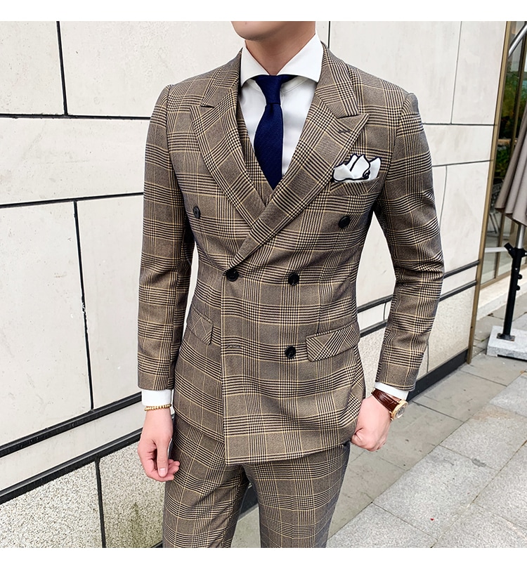 成人式 スリーピーススーツメンズ春夏春物チェック柄スーツメンズ スリーピーススーツメンズダブルスーツメンズチェックグレーベスト付き 入学式 スリーピーススーツ3ピーススーツ大きいサイズ 男性男の子