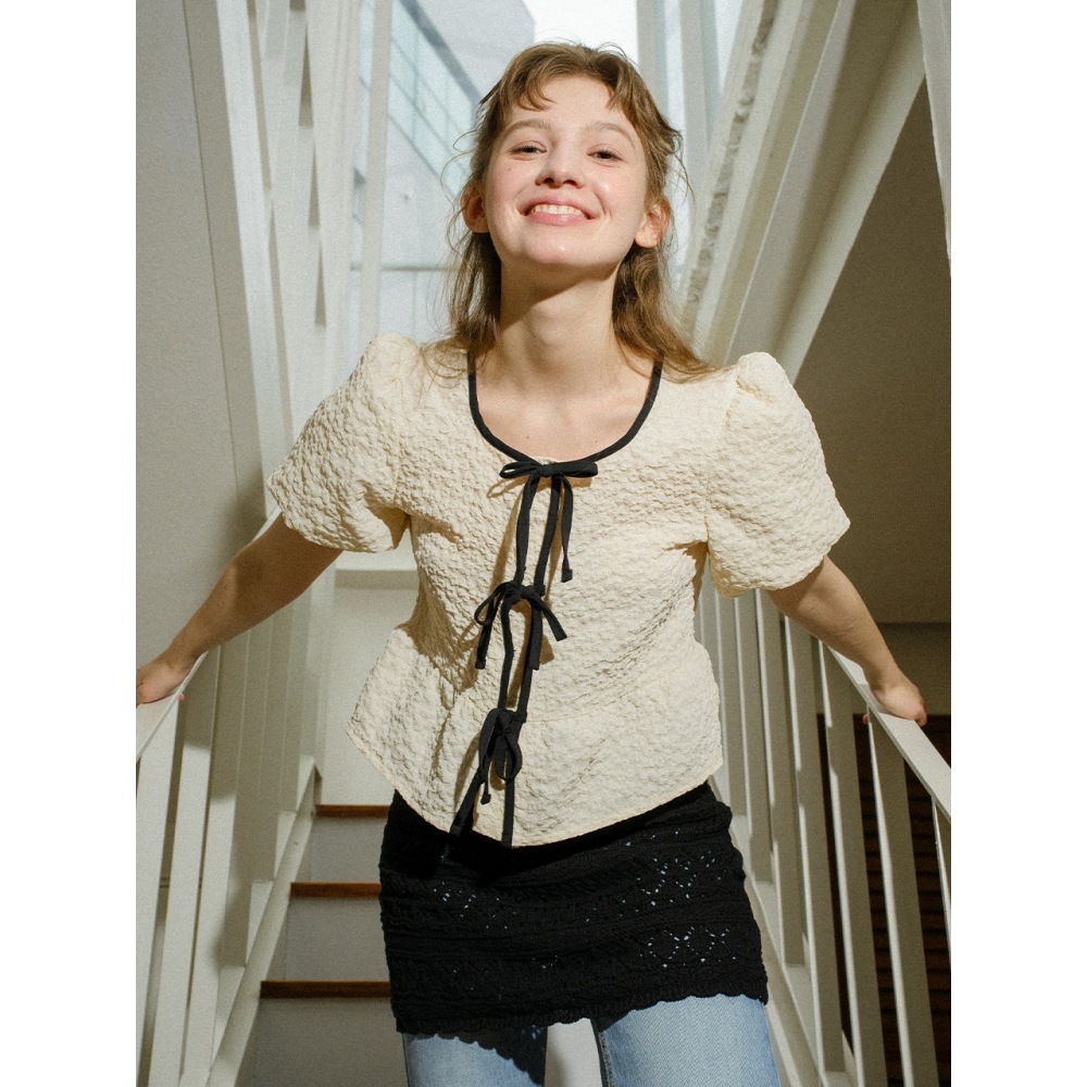 バイタルサインフラワージャカードリボンパフブラウス (2c)