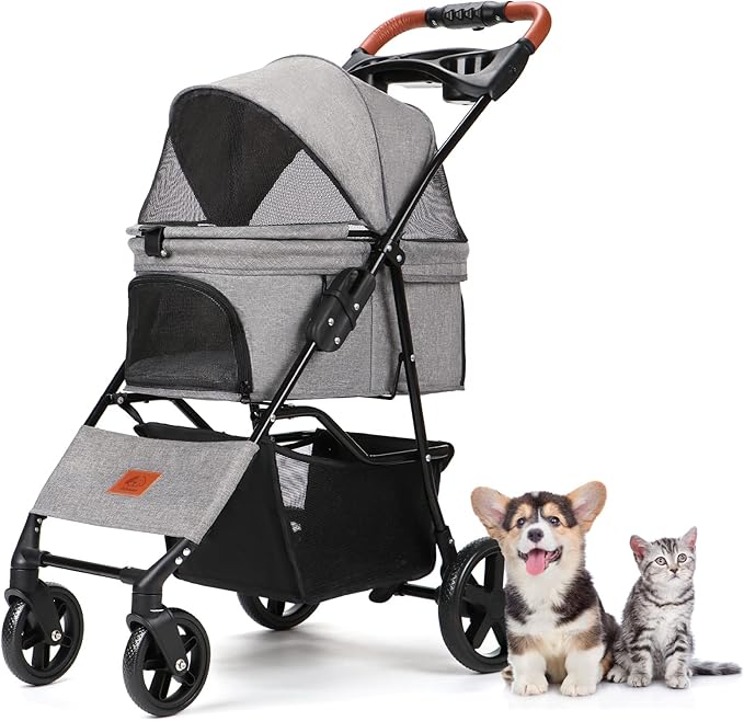 小型犬用ミニ折りたたみペットキャリア/ベビーカー4輪ペットグルーミングベビーカー360回転する前輪後輪ブレーキ飛び出し防止設計軽量ワンボタン開閉組み立て簡単15kgの耐荷重
