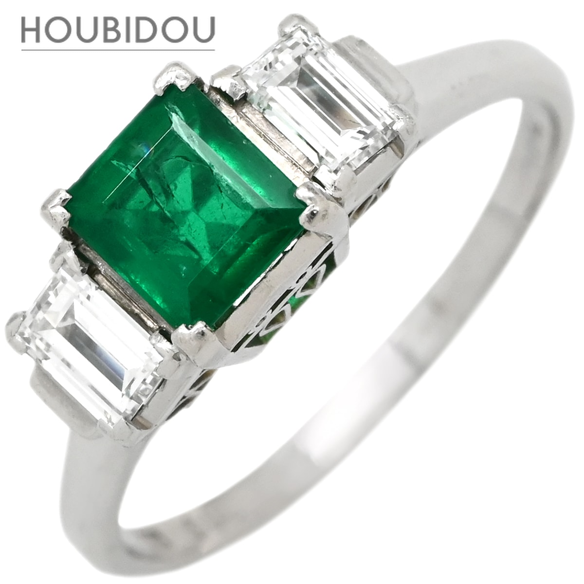 リング 指輪 エメラルド 0.84ct ダイヤモンド 0.53ct グリーン×プラチナシルバー 緑 スクエア トリロジー スリーストーン 17号【中古】