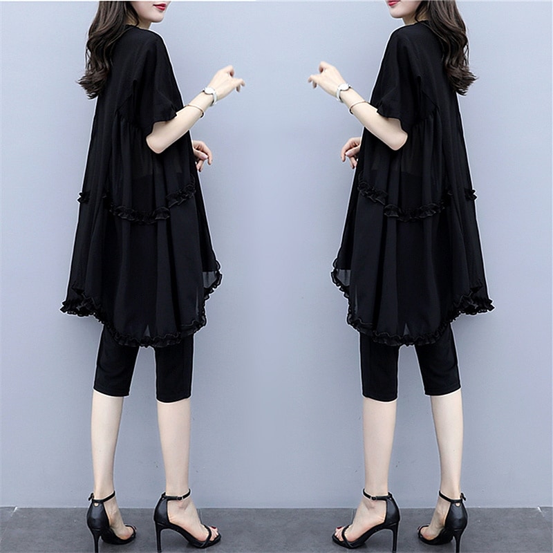 トップス パンツ セットアップ カットソー チュニック 膝丈 膝下 袖あり 半袖 Uネック ラウンドネック フレア セミフレア 上下セット 2点セット 大人可愛い 美容師 メイクアップアーティスト