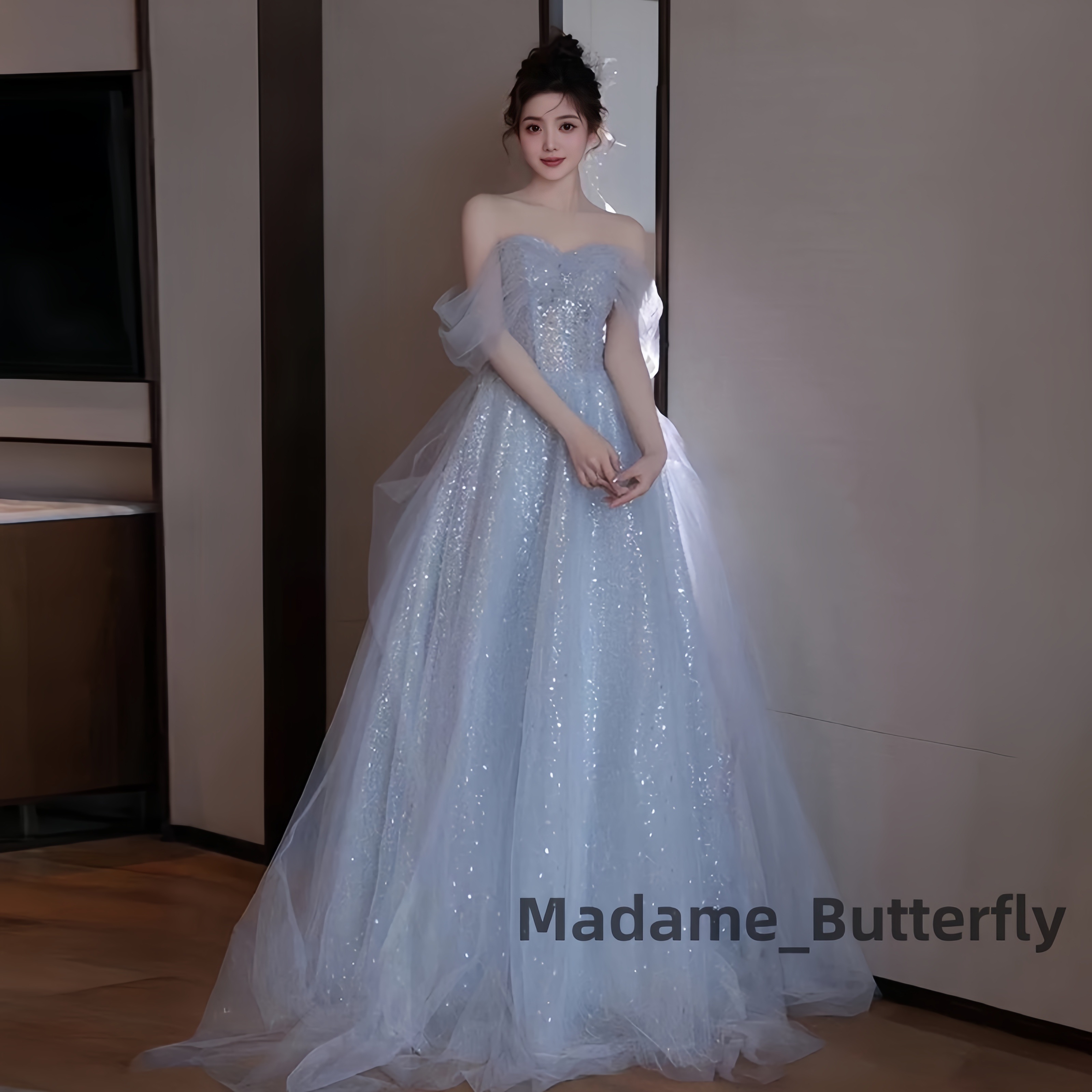 ウェディングドレス カラー パーティードレス オフショルダー ブルー 花嫁ロングドレス 簡約 結婚式 二次会 レース お呼ばれ 挙式 姫系