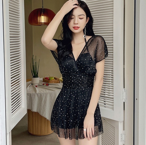 水着 スイムウェア ワンピース水着 体系カバー水着 ワンピース レース チュール ウエストマーク ドッキング バックシャン バックコンシャス 透け感 シースルー 水陸両用 かわいい 大人可愛い