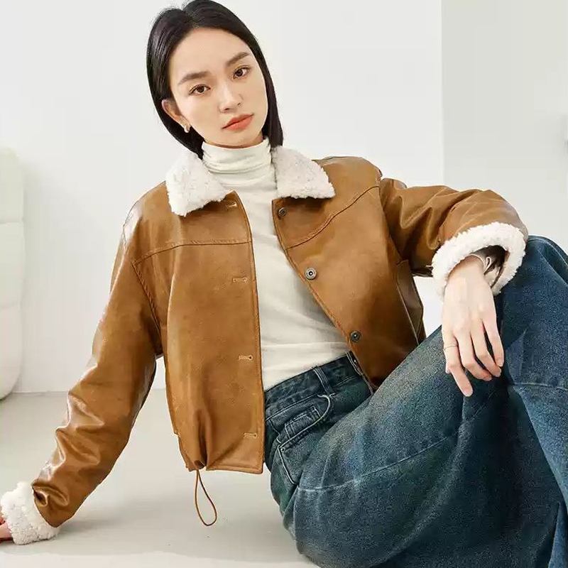 ボアPUレザージャケット レディース アウター 裏起毛 ボタン シンプル カジュアル おしゃれ レトロ 秋 冬 通勤 通学 お出かけ 休日 暖かい S M L ブラック キャメル