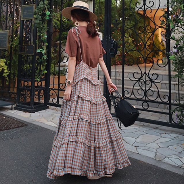 ティアードワンピース 大きいサイズ キャミワンピ ロング マキシワンピ リゾート ギンガムチェック 肩リボン 袖なし 青 赤