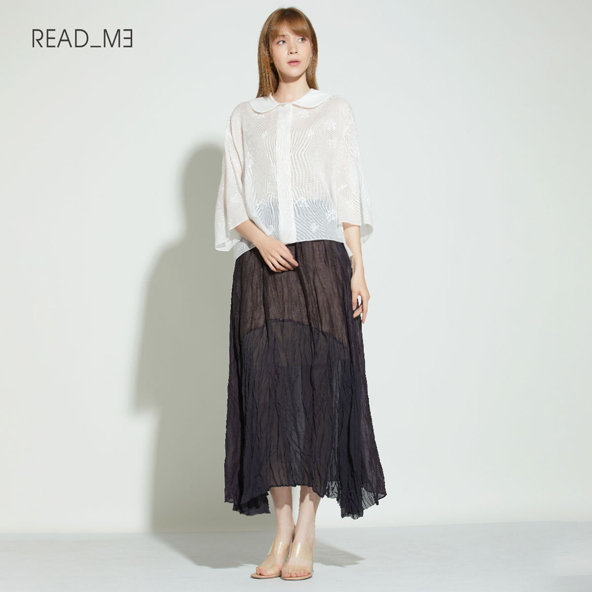 READ_ME 刺繍シアーシャツ（コットン×シルク混紡 / ラウンドカラー / 立体テクスチャー） B20109314 トップス