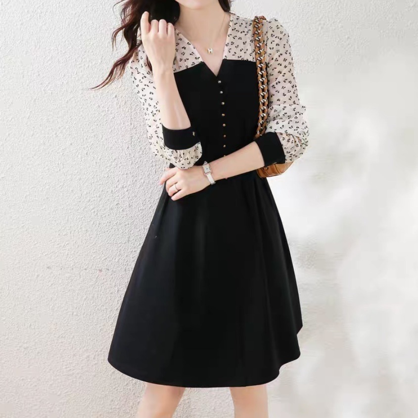 ワンピース レディース 膝上 長袖 パフスリーブ Vネック フレア Aライン シフォン ハイウエスト 透け感 シースルー ボタン 切り替えデザイン 配色 ドッキング かわいい 大人可愛い おしゃれ