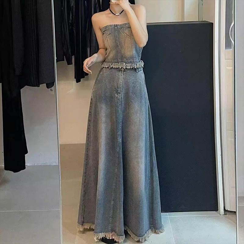 上下セット 2点セット トップス スカート ボトムス ビスチェ デニム マキシ フレア Aライン ハイウエスト ヴィンテージ アメカジ ブルーデニム かわいい 大人可愛い きれいめ カジュアル おしゃ