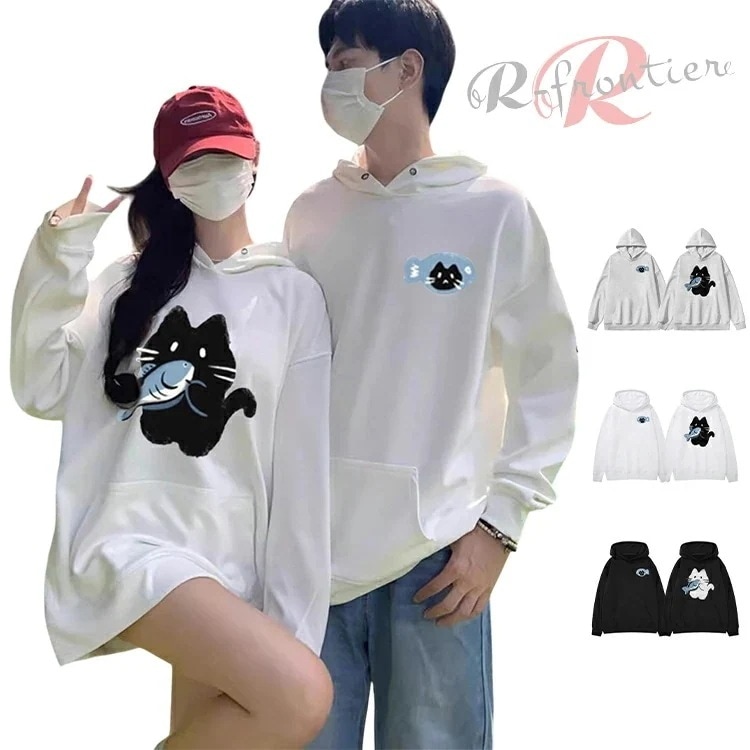 【2枚セット】カップル ペア パーカー 可愛い 猫と魚 ペア柄 トップス 大きいサイズ リンクコーデ カップルお揃い 白 ブラック 黒 カップル おそろい 大きいサイズお揃い服 秋冬 記念日 ゆったり