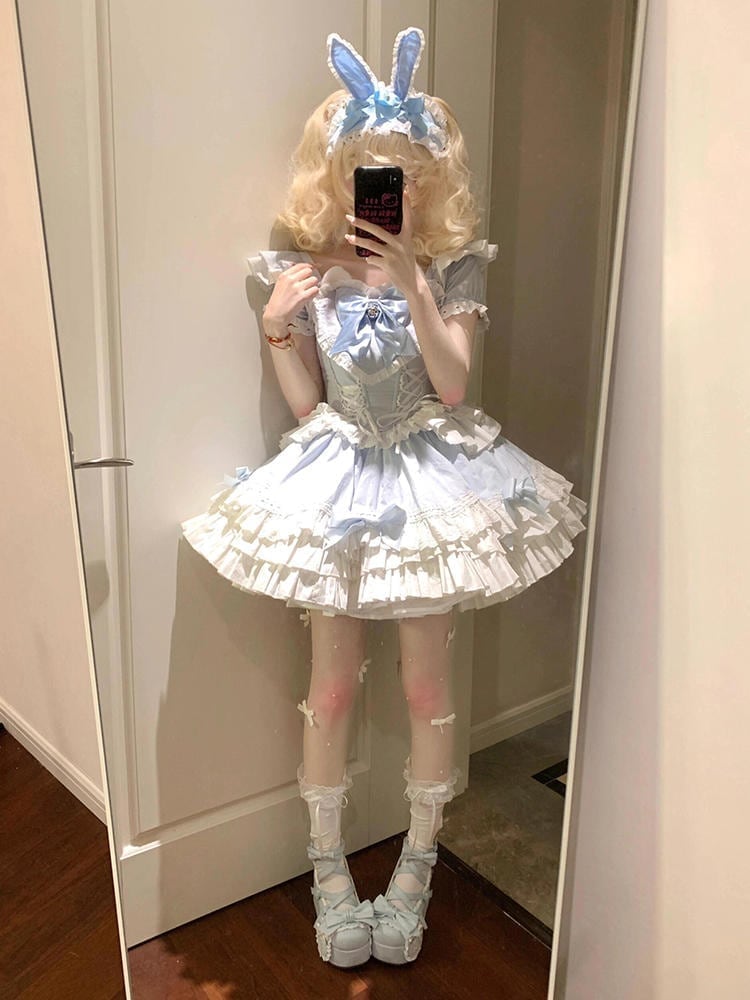 ロリータ コスプレ 2024新作 夏 ロリータ ワンピース 可愛らしい 蝶結び 洋服 ポンポンスカート