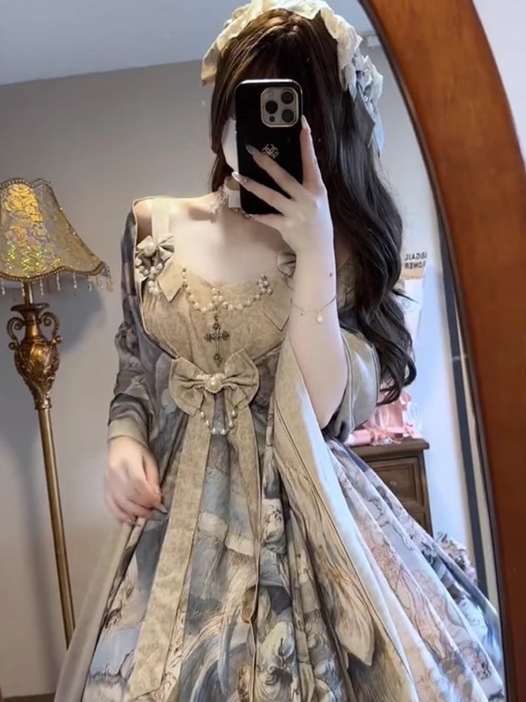 キャミソールワンピース油絵ロリータサスペンダードレス女性ゴージャスエレガントレディスーツロリータjsk