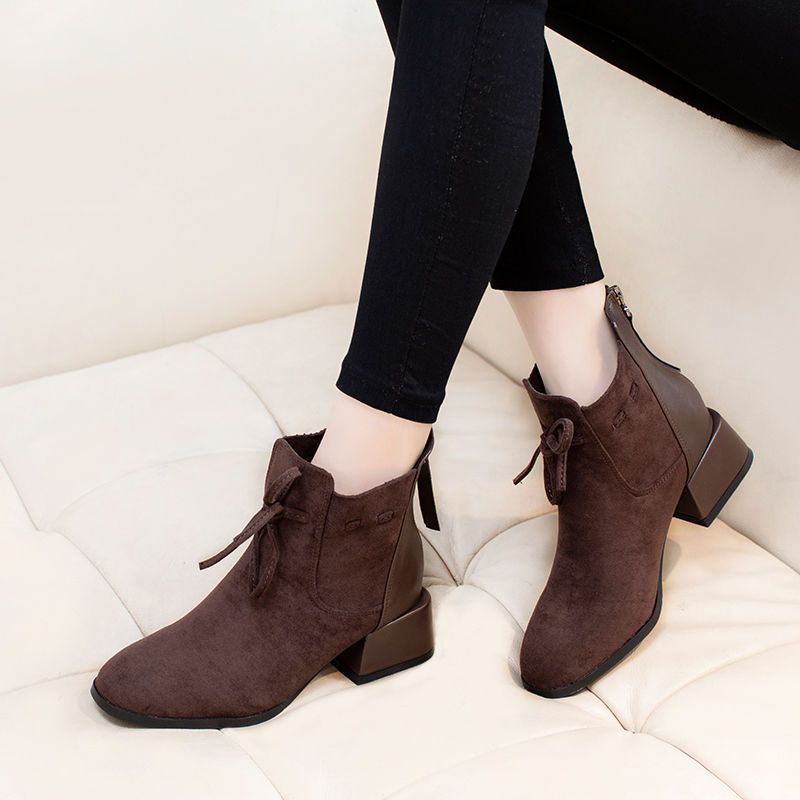 モカシン 母の日 5.5CM ヒール高さ ハイヒール 美脚 着痩せ ショットブーツ スクエアヘッド 百掛け 流行り スイート 太ヒール ショートブーツ