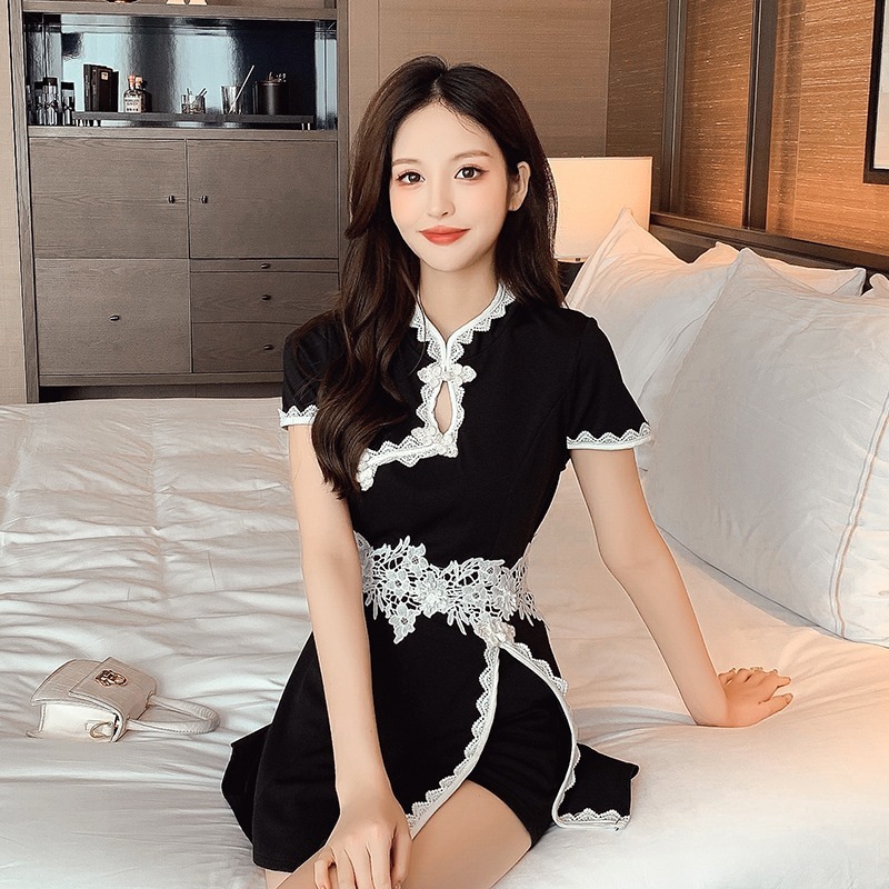 ドレス パーティードレス 二次会ドレス ミニドレス キャバドレス Aラインドレス チャイナドレス ナイトドレス ミニ丈 袖あり 半袖 スレンダー セミフレア 上下セット レース 刺繍 サイドスリット