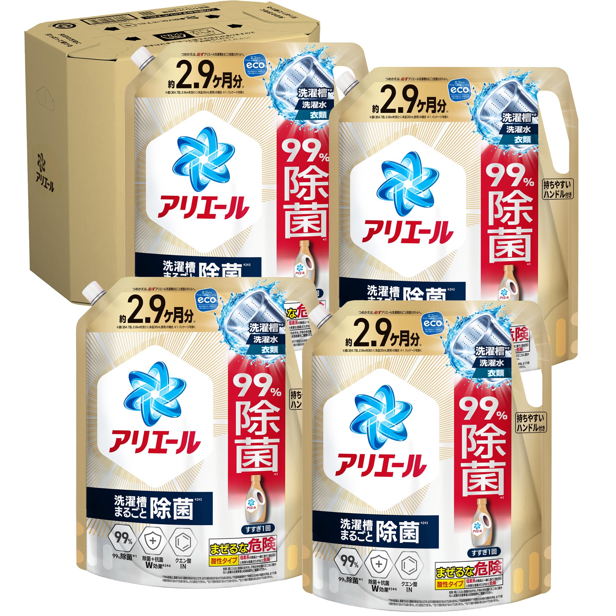 アリエール 洗濯洗剤 液体 超抗菌プレミアム 洗濯槽まるごと除菌 スッキリひかえめな香り 詰め替え 2210gｘ4袋 [大容量] [ケース品]