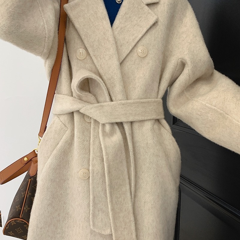 両面ウールフリースコート毛足が長く厚手で暖かいダブルブレストゆったりとしたフィット感ロングウールコート韓国風