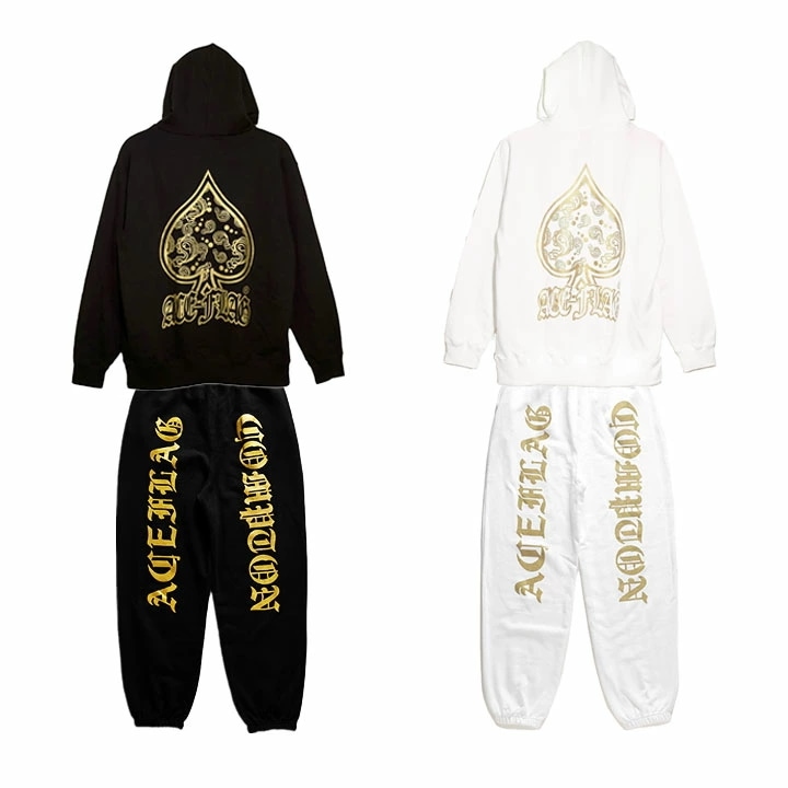 ACE FLAG 上下セット 長袖 ブランド メンズ 春秋冬用 黒 白 大きいサイズ エースフラッグ セットアップ パーカー フーディ スウェット 裏パイル スウェットパンツ