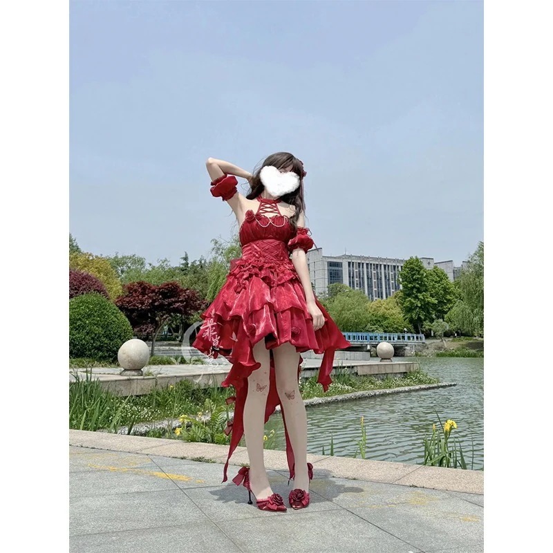 レッドロリータホルタードレスレディースドレスフラワーウェディングプリンセスパフ